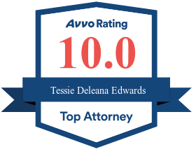 A badge showing an Avvo Rating of 10.0, labeled "Tessie Deleana Edwards," with the title "Top Attorney" beneath it. The badge is blue and white with red text for the rating.