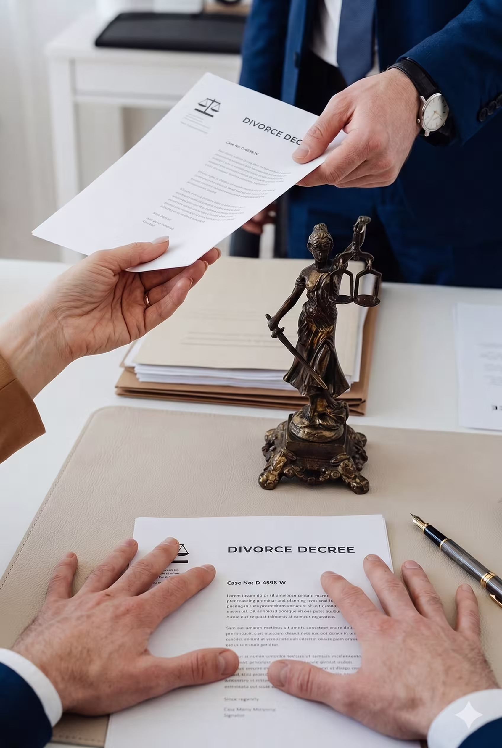 A detailed, elevated photograph from a law office desk. The bottom of the frame is dominated by a man's hands pressing down on a stack of papers, the top one of which is a "DIVORCE DECREE" with a scales-of-justice logo and text "Case No: D-4598-W." Above this, a woman with a gold ring and tan sleeve passes a second, identical "DIVORCE DECREE" to a man in a blue suit with a watch. A central bronze Lady Justice statue with a sword and scales stands on a leather mat. File folders, a pen, and more papers are on the desk.